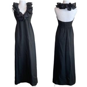 Vintage 70s Mollie Parnis Boutique Linen Mod Ruffled Halter Maxi Dress